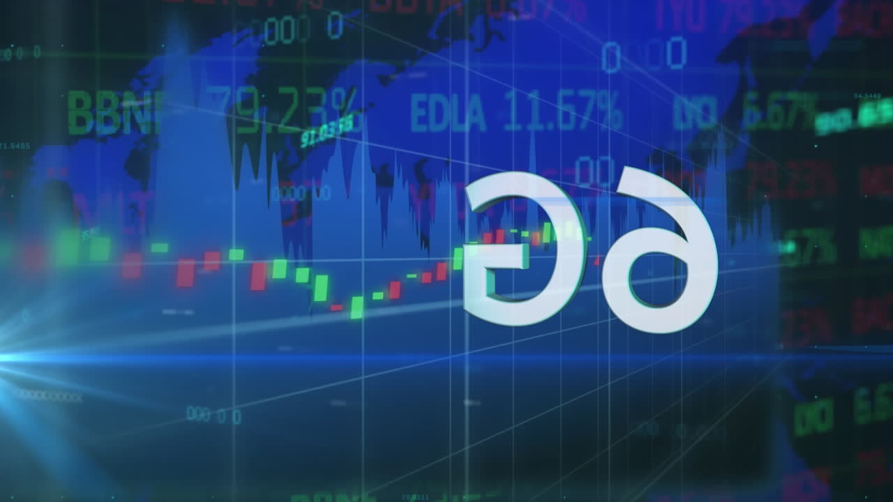 다중 그래프, 지도 및 거래 보드 위에 검은 바탕에 6g 텍스트의 애니메이션