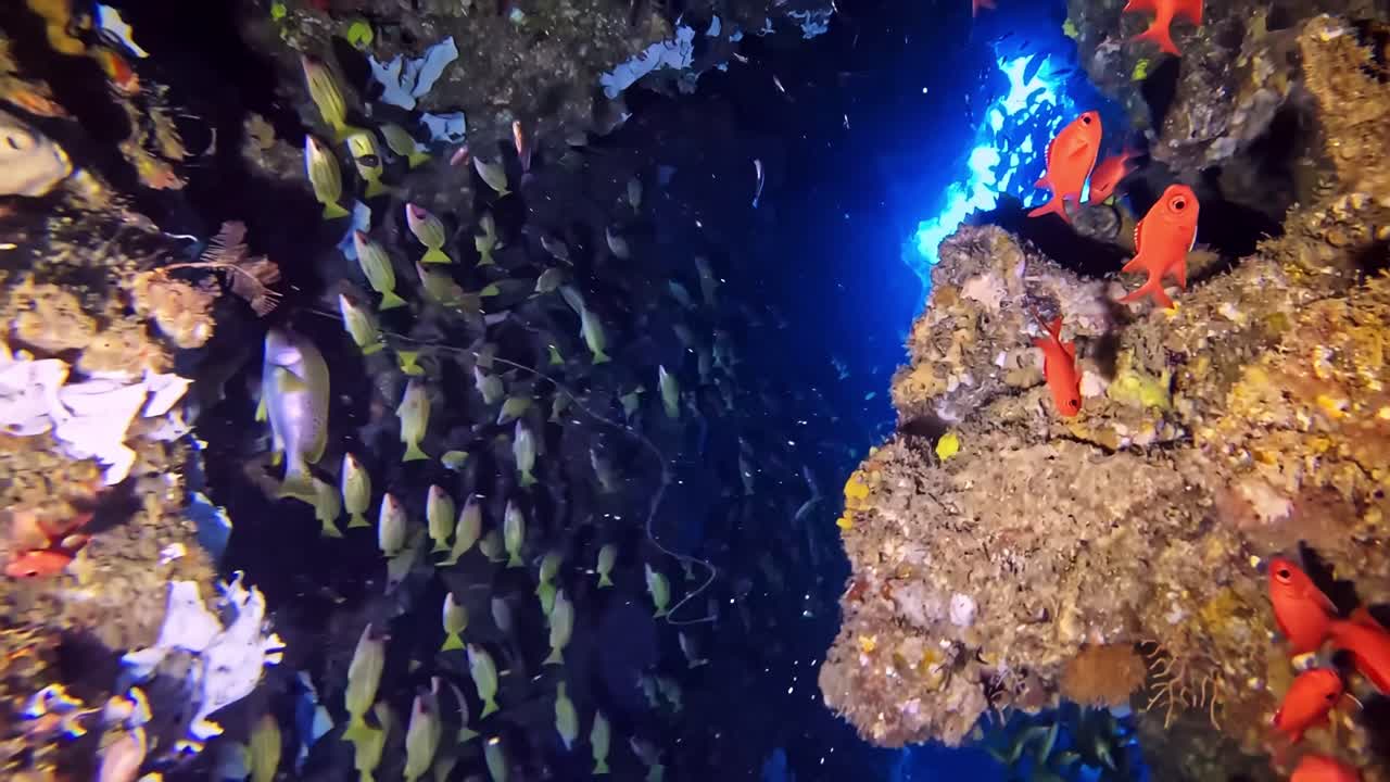 Vibrant School of Fish in an Underwater Crevice
