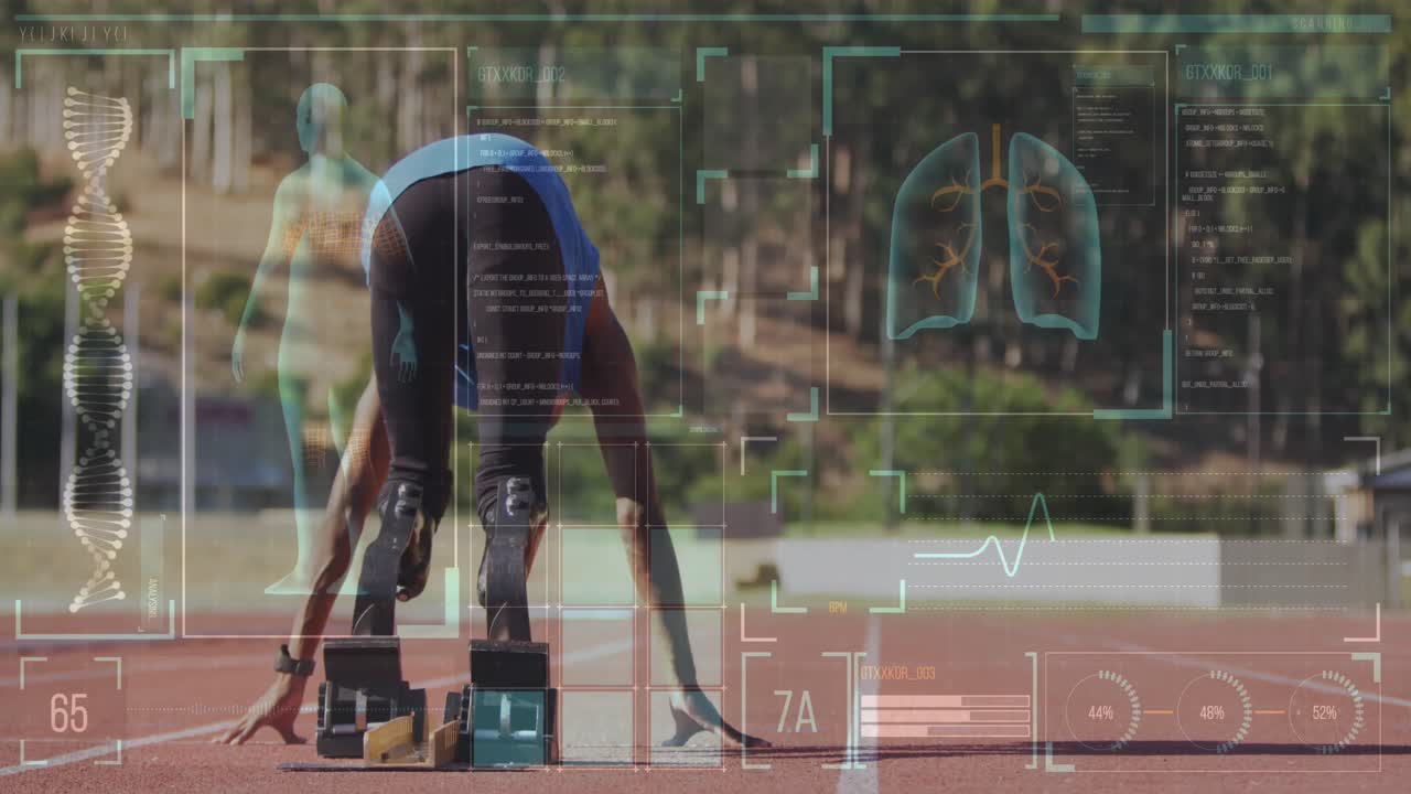 animación del procesamiento de datos digitales sobre un atleta masculino discapacitado con cuchillas de correr en la pista de correr