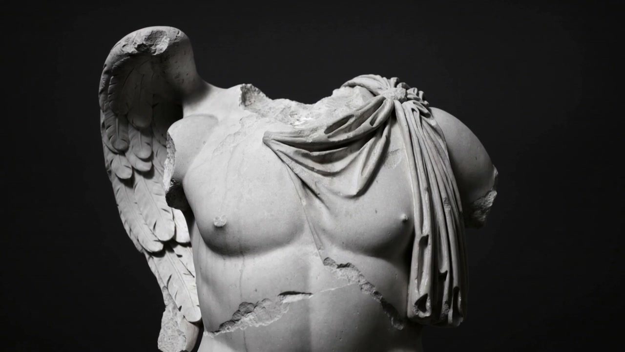 Telecamera in movimento che effettua un leggero zoom in avanti in una galleria, rivelando un torso di marmo alato con crepe nel drappeggio.