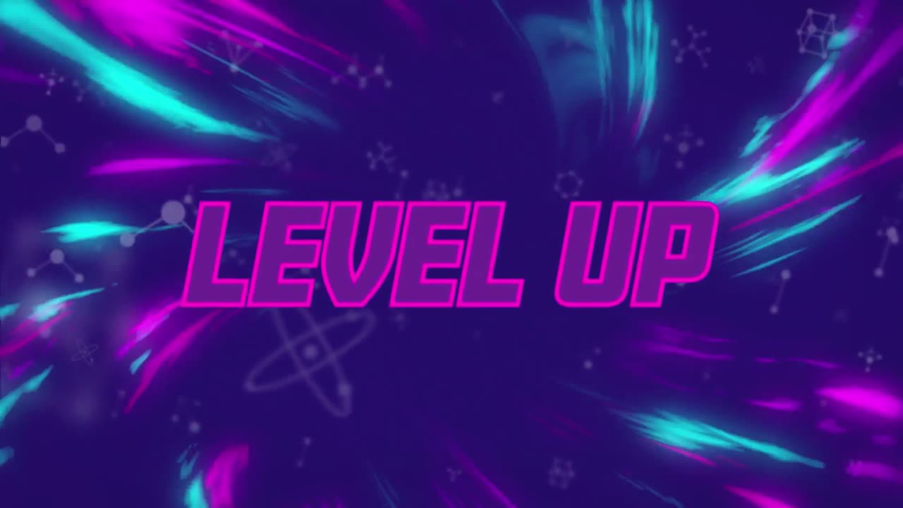 Animation af 'level op'-tekst over blå og lilla lys og på blå baggrund