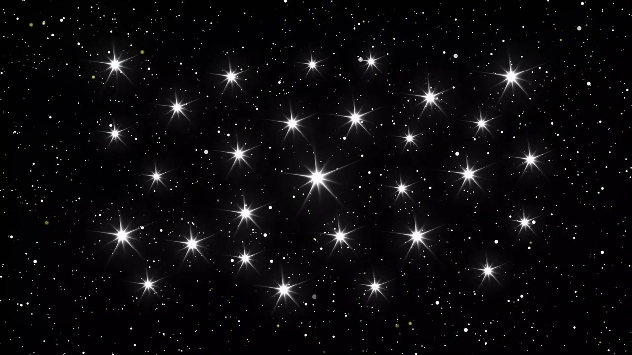 Stelle luminose animate che pulsano contro un cielo notturno scuro.