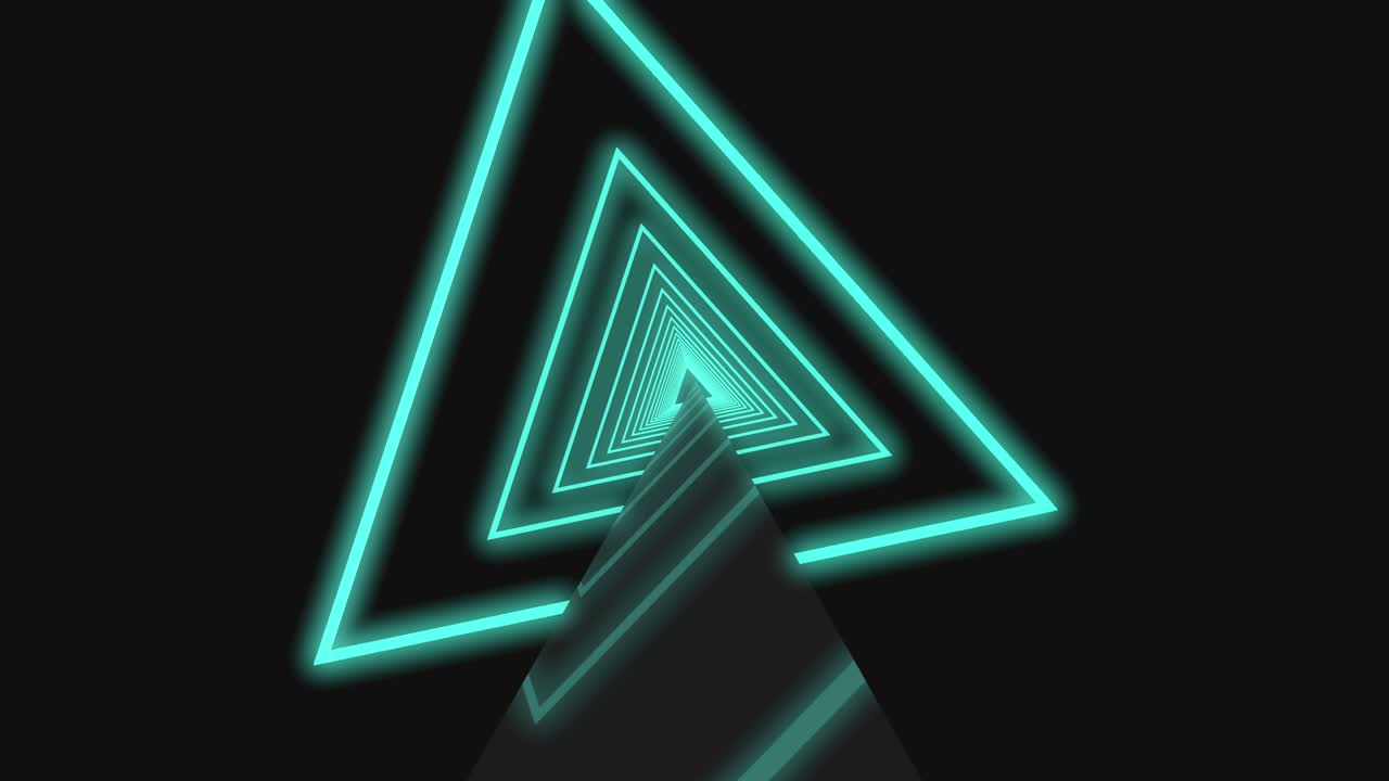 Flying through glowing rotating neon triangles creating a tunnel, blue red pink purple spectrum, fluorescent ultraviolet light, modern colorful lighting, 4k loop animation