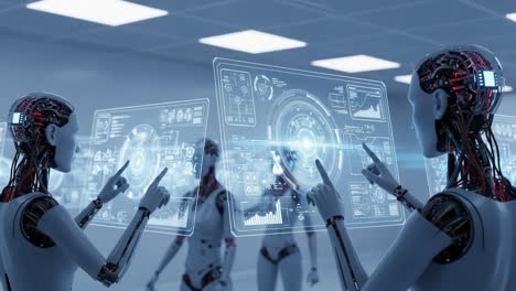 exploring advanced technology: futuristic robots interacting with holographic displays, showcasing advanced interfaces and data visualization in a modern setting