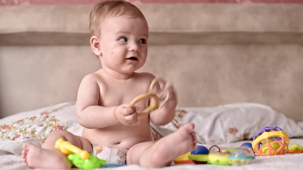 Caucasian blonde baby boy on a bed, playing with toys. Slow motion