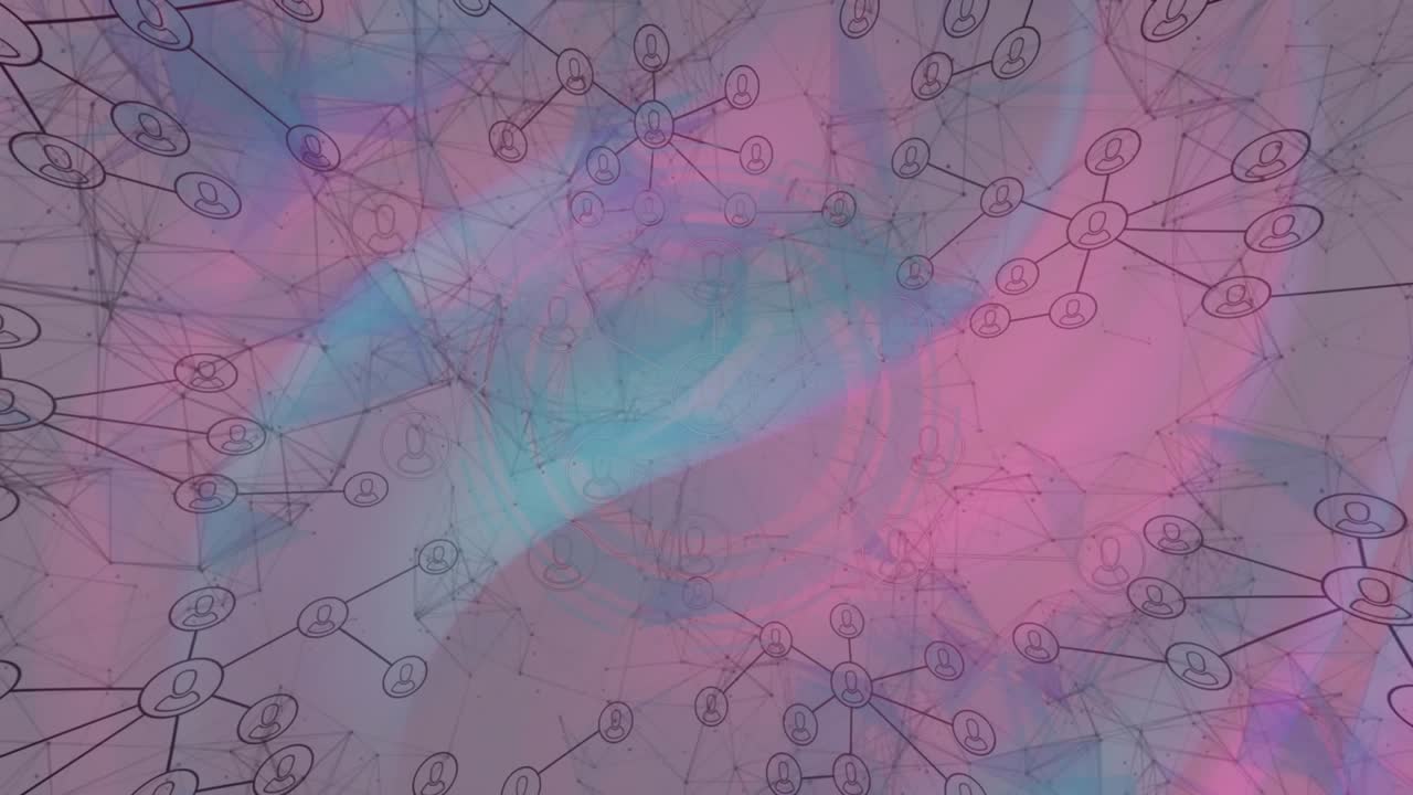Animation of network of digital icons against pink and blue gradient background