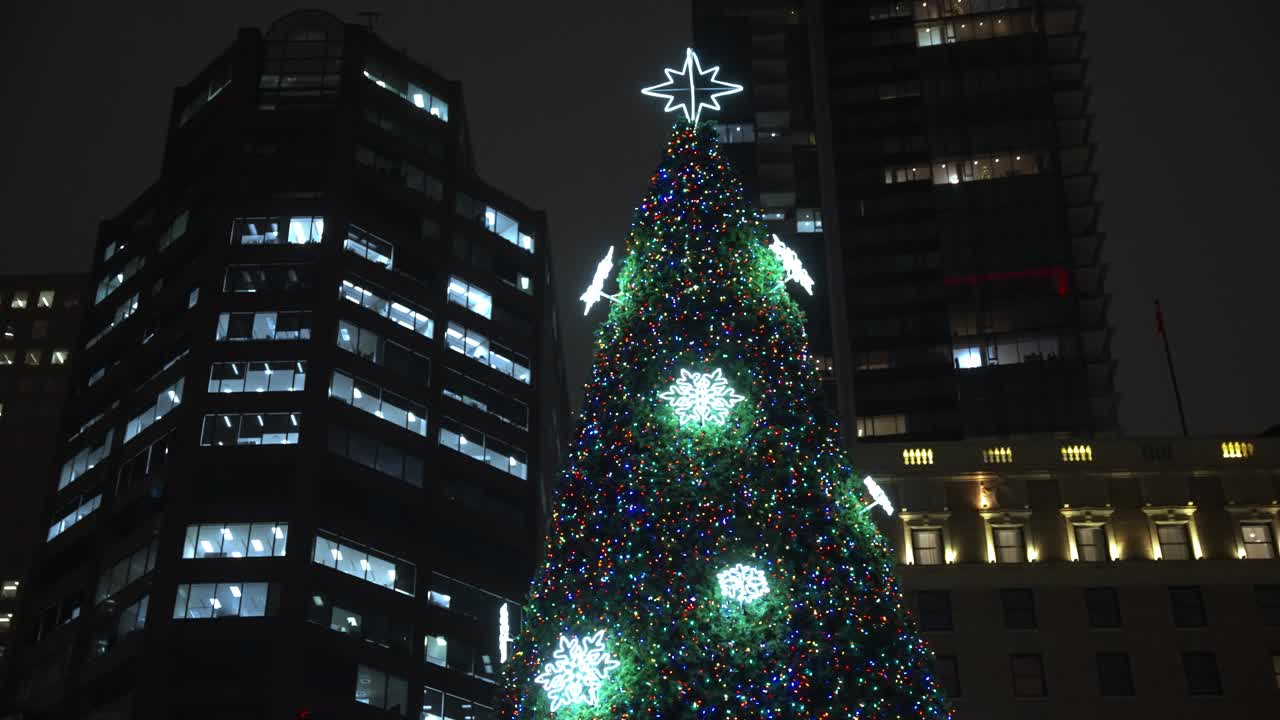 밴쿠버 시 (vancouver city) 는 매우 크고 키가 큰 크리스마스 트리 (christmas tree) 가 빛나고 빛나고 있으며, 겨울 밤에 어 속의 높은 불빛 건물과 마천루에 둘러싸여 있습니다.