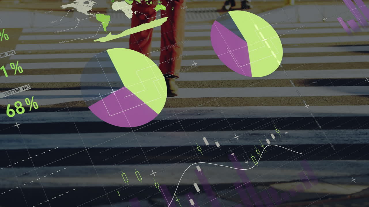 Pie charts and stock market data animation over people crossing street