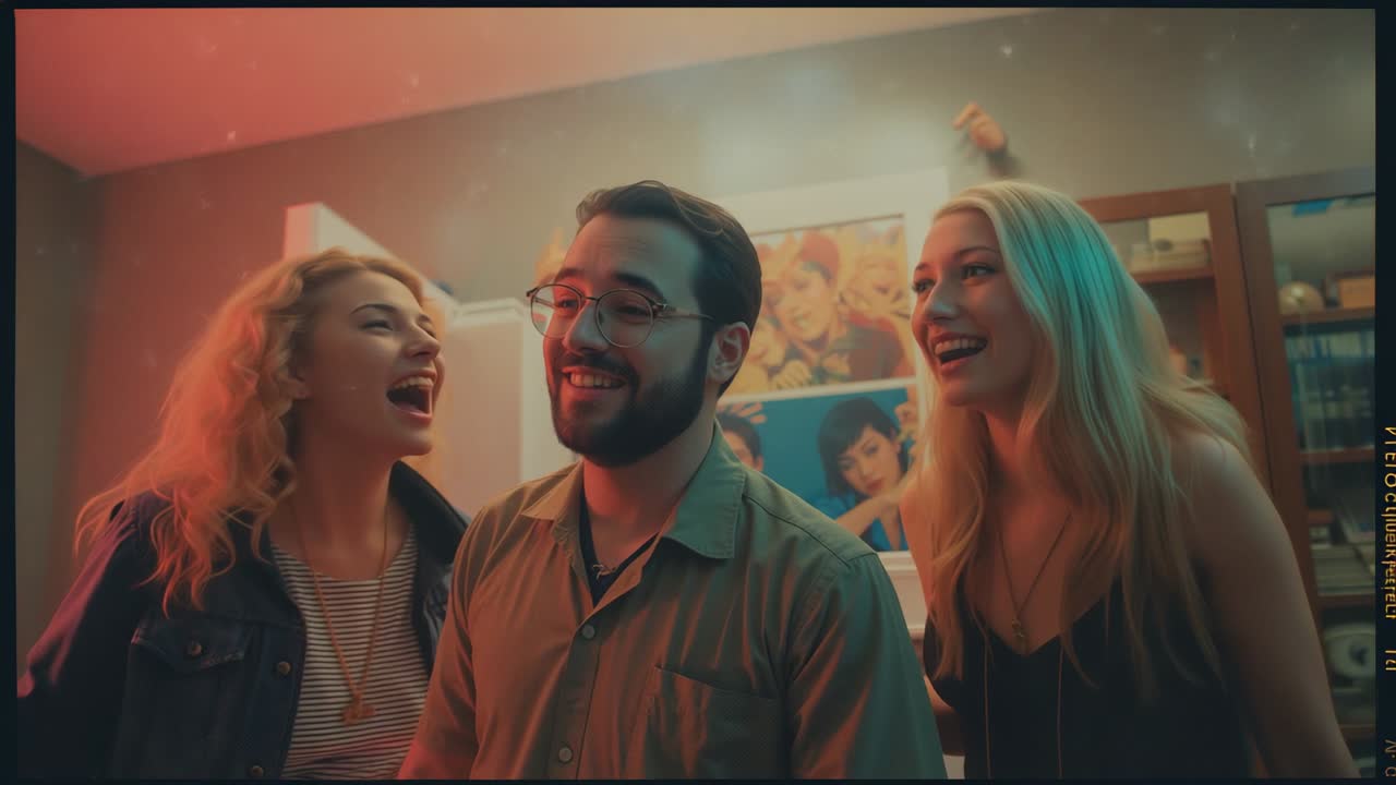 Laughing friends sharing inside joke, singing and leaning in living room, with poster collage