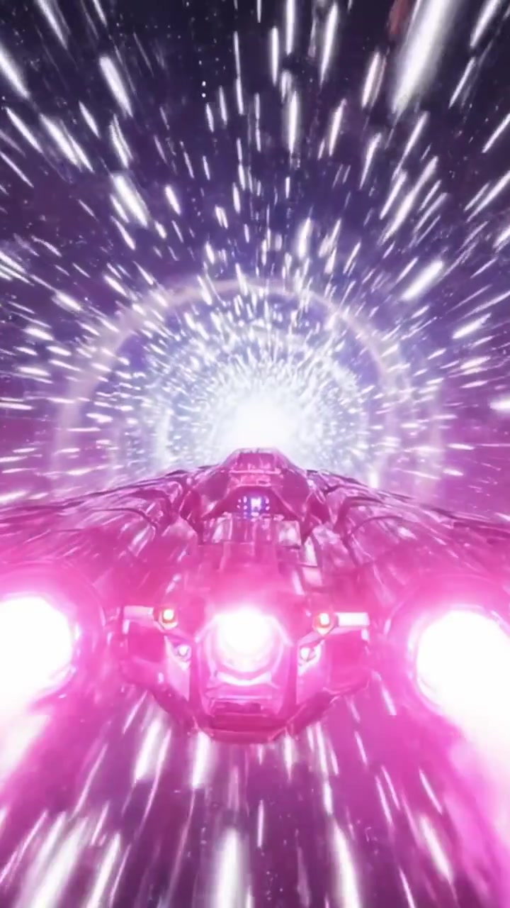 Un viaje dinámico a través del hiperespacio: Una nave espacial futurista navega por las estelas de luz y energía en un entorno cósmico vibrante y expansivo