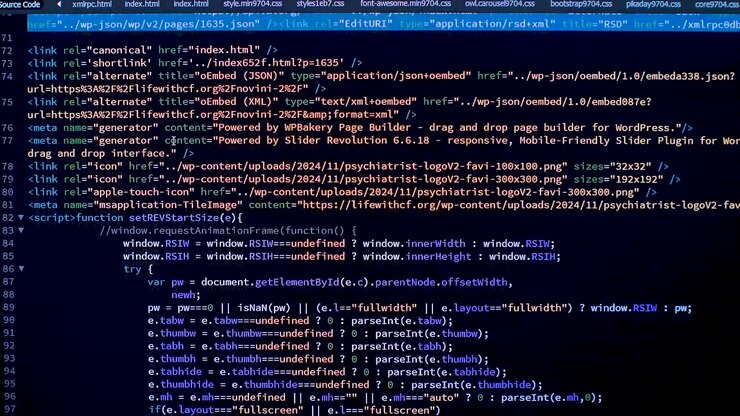 Developer is Browsing HTML Code on the Computer Screen. Front view. HTML Web Page Code Scrolling Programming, Abstract Technology Background for Software Developer, Computer Script Concept. Scene B.