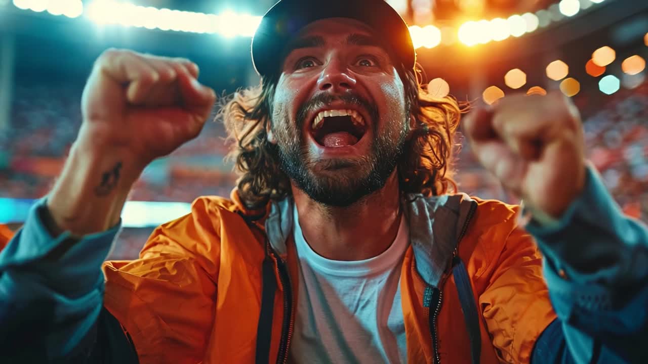 Excited Fan Cheering at a Sports Event