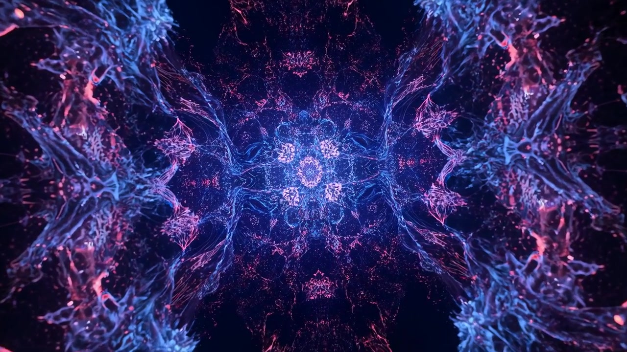 Nucleo di mandala pulsante che si illumina nel vuoto mentre nodi luminosi viaggiano lungo filamenti verso il centro.