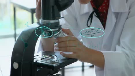 ecuaciones matemáticas flotando contra la niña usando el microscopio
