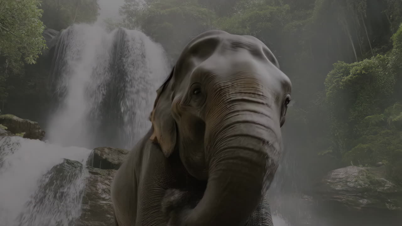 Elephant by a Waterfall in a Misty Jungle