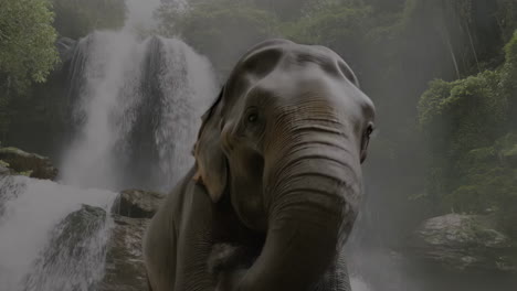 elephant by a waterfall in a misty jungle