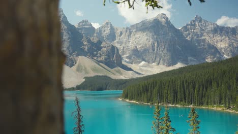 landscape view of the scenery of moriane lake in the rockie mountains on a clear blue day in banff national park, alberta, canada