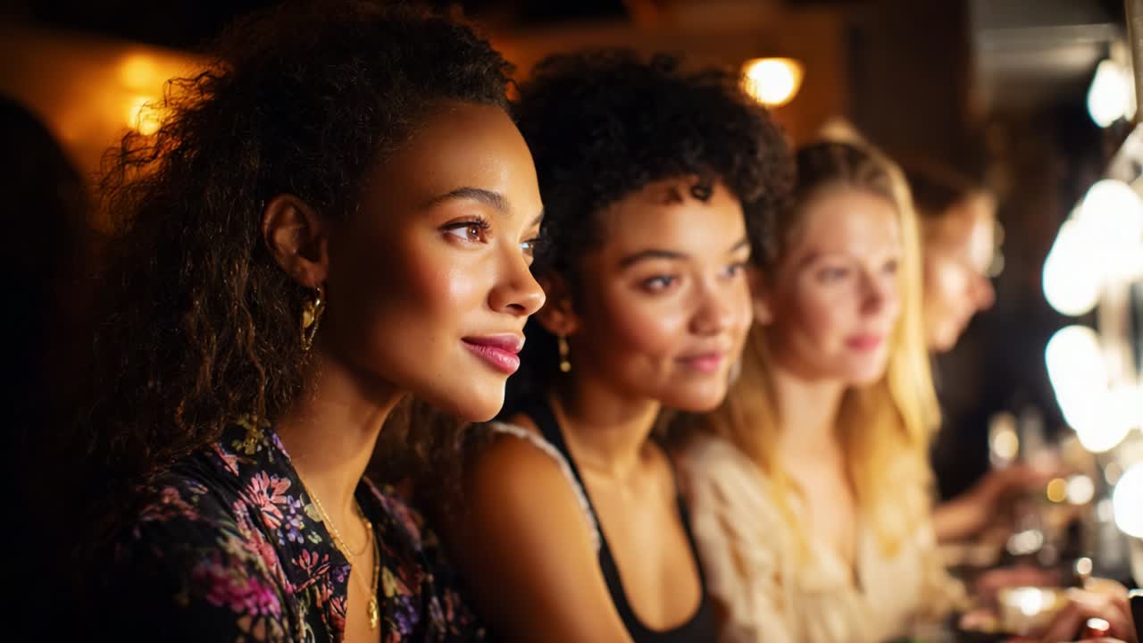 A Captivating Moment of Three Women in a Glamorous Vanity Setting, Engaged in Self-Care and Makeup Application, Showcasing Beauty Rituals and the Joy of Friendship in an Intimate Environment