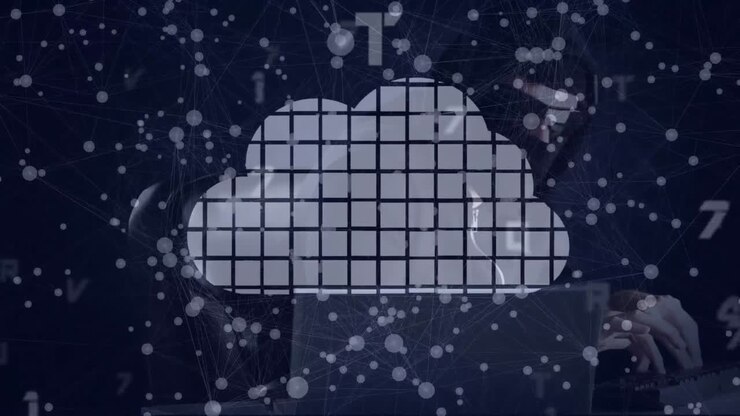 Animation of digital cloud and data processing over hacker