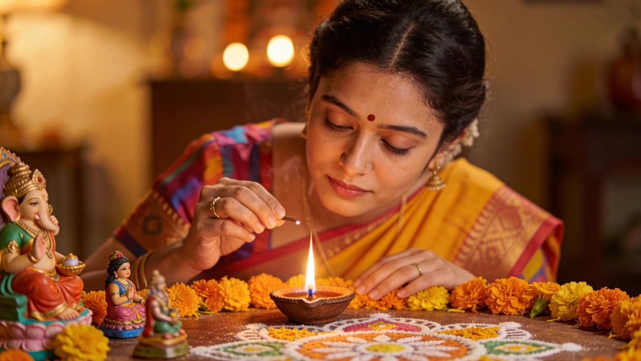 Una donna indiana, in sari di seta, accende un fiammifero e porta la fiamma a una diya posta su un rangoli, eseguendo un rituale.