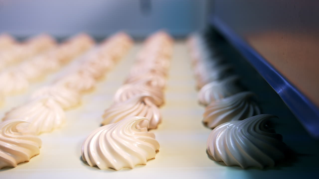 Yummy creamy desserts come out from the machine at confectionery. Freshly-laid zephyr sweets on the conveyor line. Close up. Blurred background.