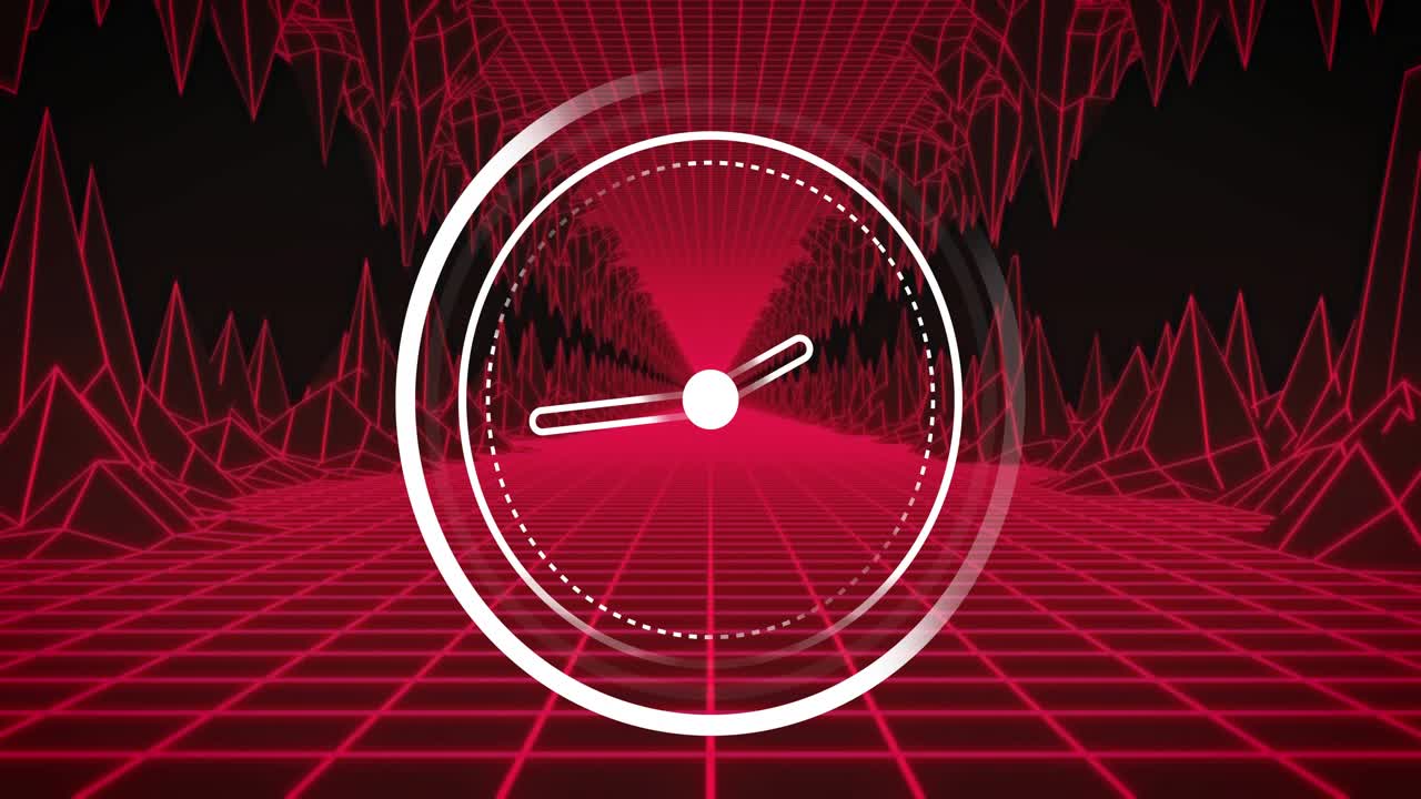 White dial emerging center starting rotating hands sweeping arcs pulsing red grid showing tempo