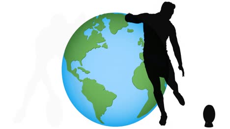 animation of rugby player silhouettes over globe on white background