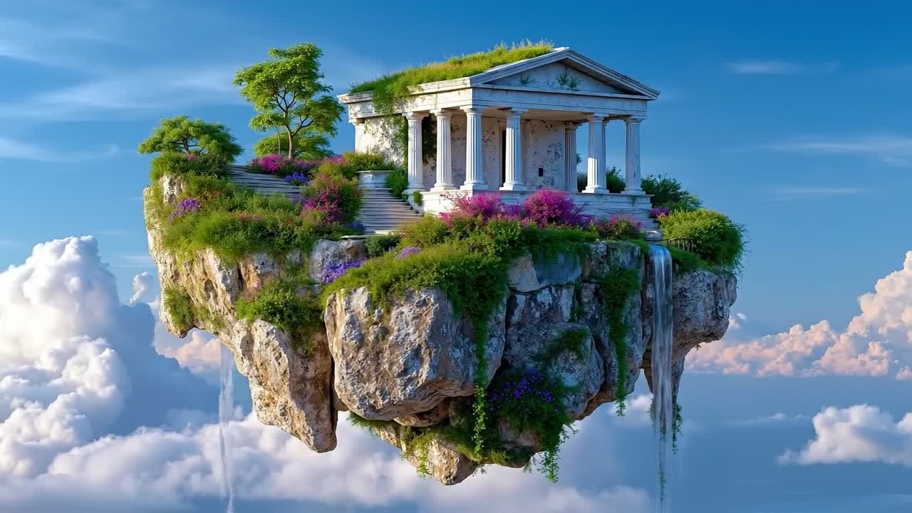 A small house on top of a cliff in the sky