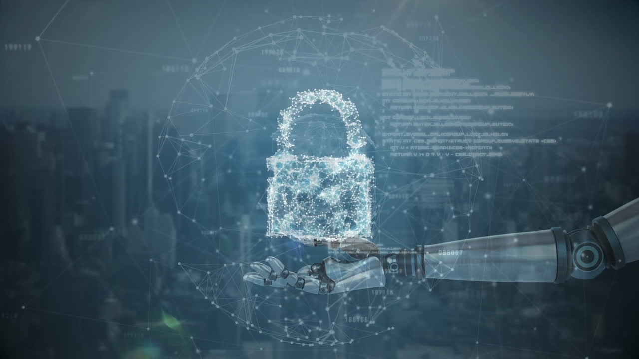 animatie van een hangslot die door een robot wordt vastgehouden met een stadsbeeld op de achtergrond