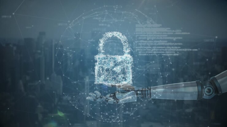 Animation of padlock holding by a robot with city scape on background