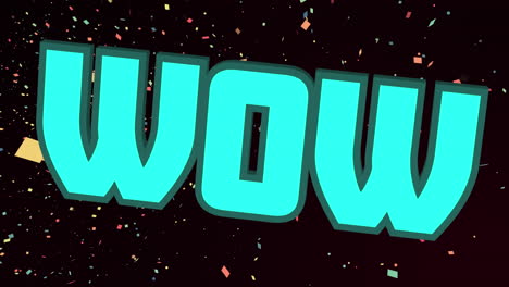 Animation of glowing wow blue text over colourful confetti falling