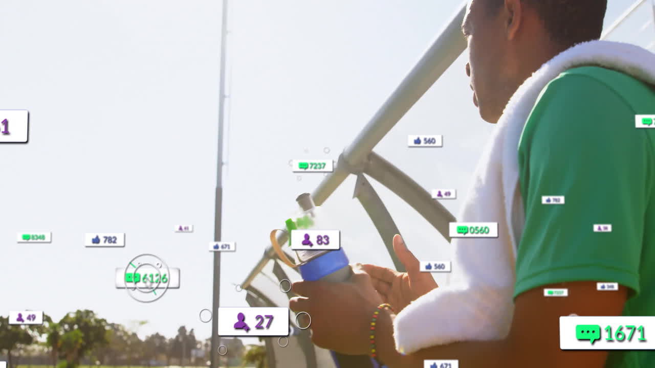 Using smartphone with social media notifications, person outdoors enjoying animation