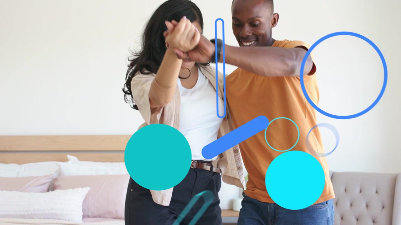 Man lifting woman's arms guiding turn in bedroom, dancing as blue graphics enhancing lifestyle ad