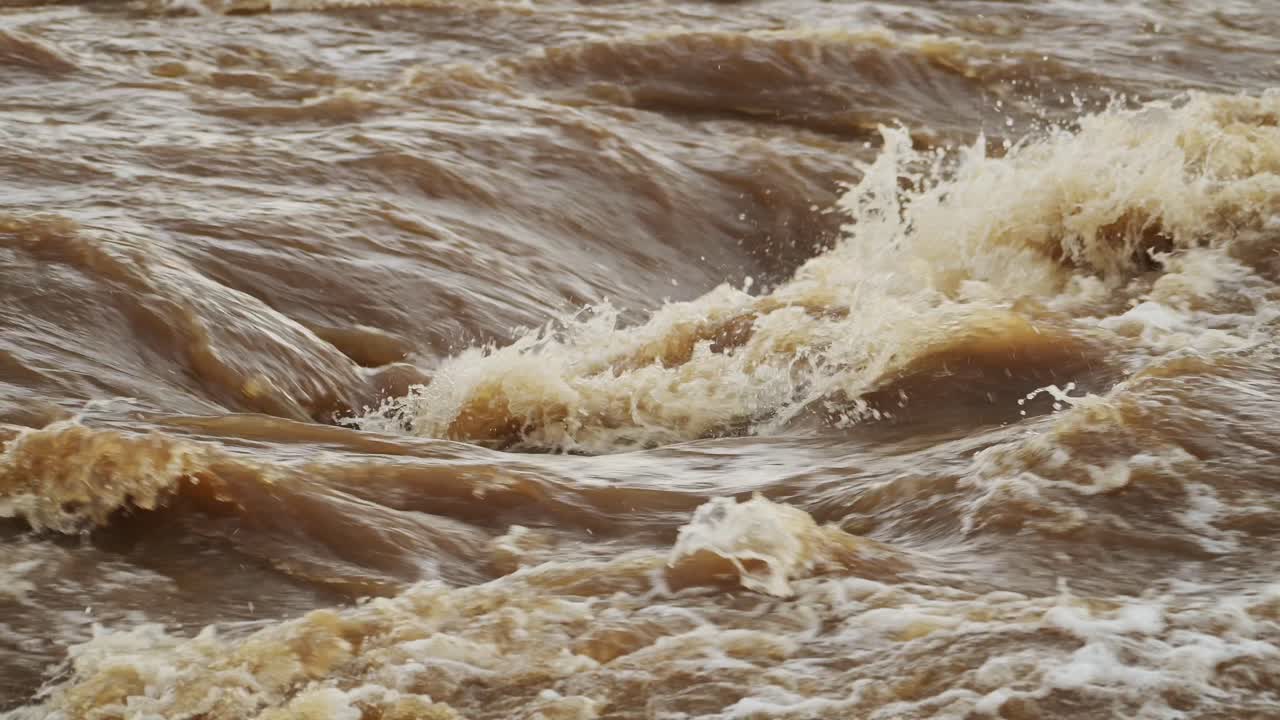 Slow Motion Shot of Powerful crashing water in Mara river, waves and turbulent stream, African nature in Maasai Mara National Reserve, Kenya, Africa Safari trips in Masai Mara North Conservancy