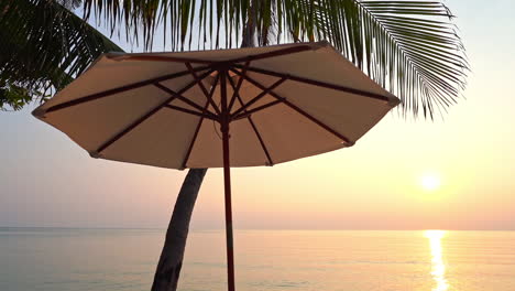 Silhouette-of-sun-umbrella-under-palm-tree-with-sea-in-background-at-sunset