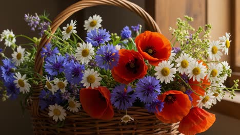 a vibrant display of colorful wildflowers in a rustic woven basket, showcasing nature's beauty and the transition of seasons with delightful floral arrangements