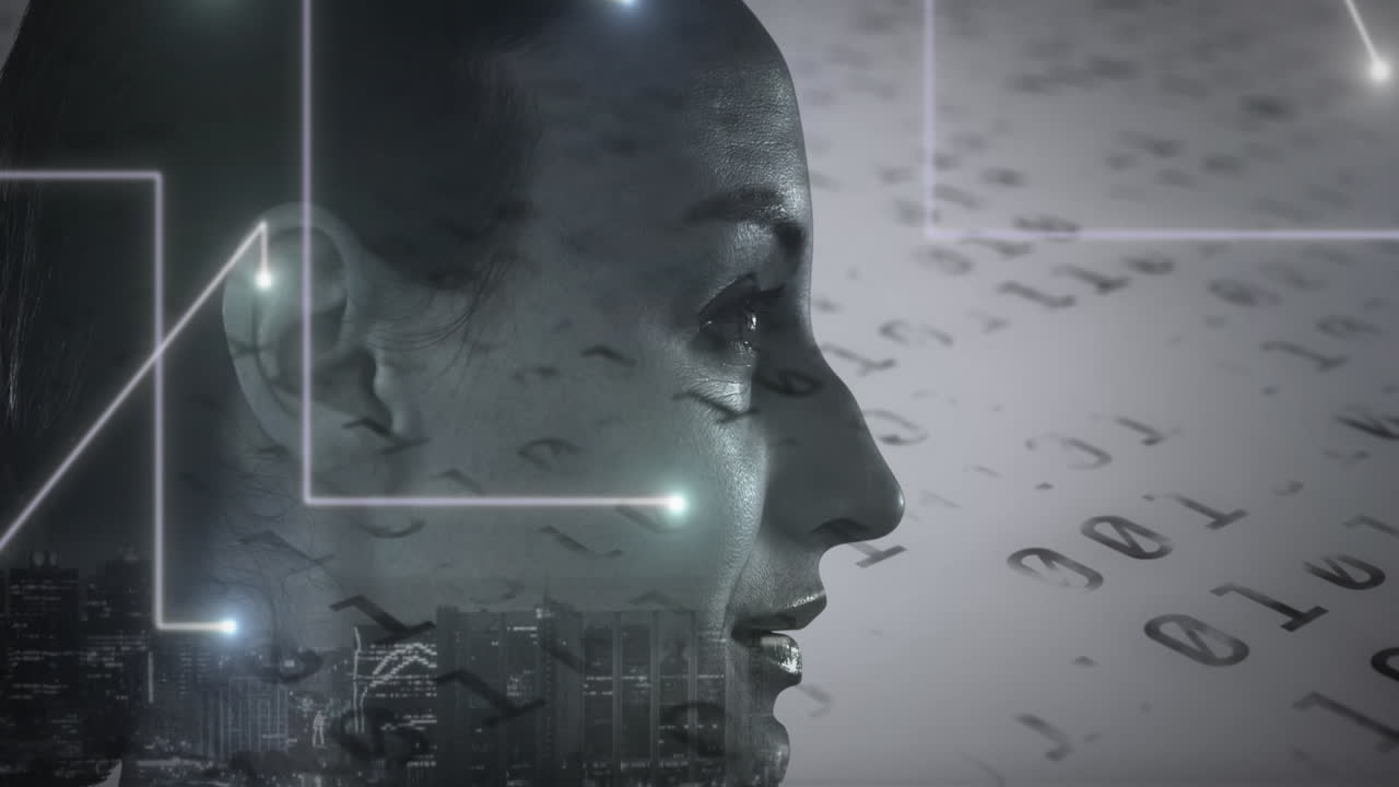 animación de líneas blancas y procesamiento de datos sobre la mujer