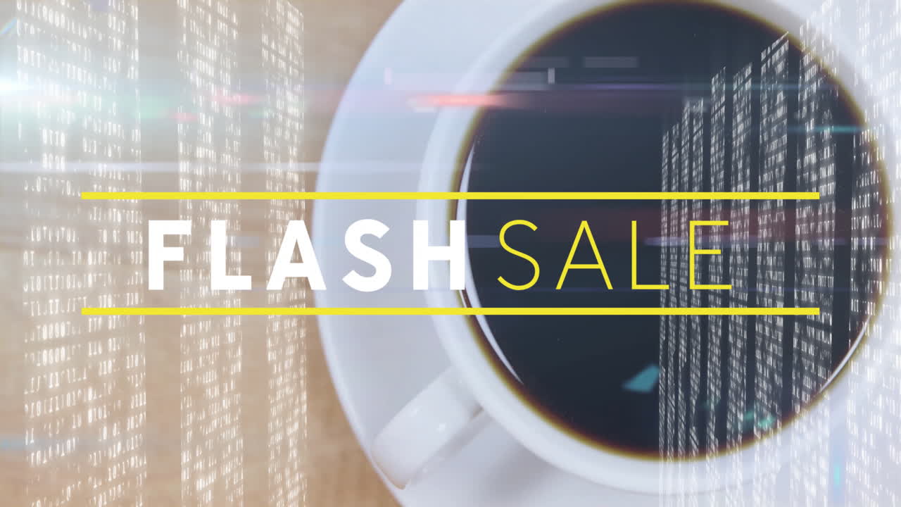 Bold FLASH SALE text shimmering over binary code overlay with coffee cup sitting on wooden tabletop