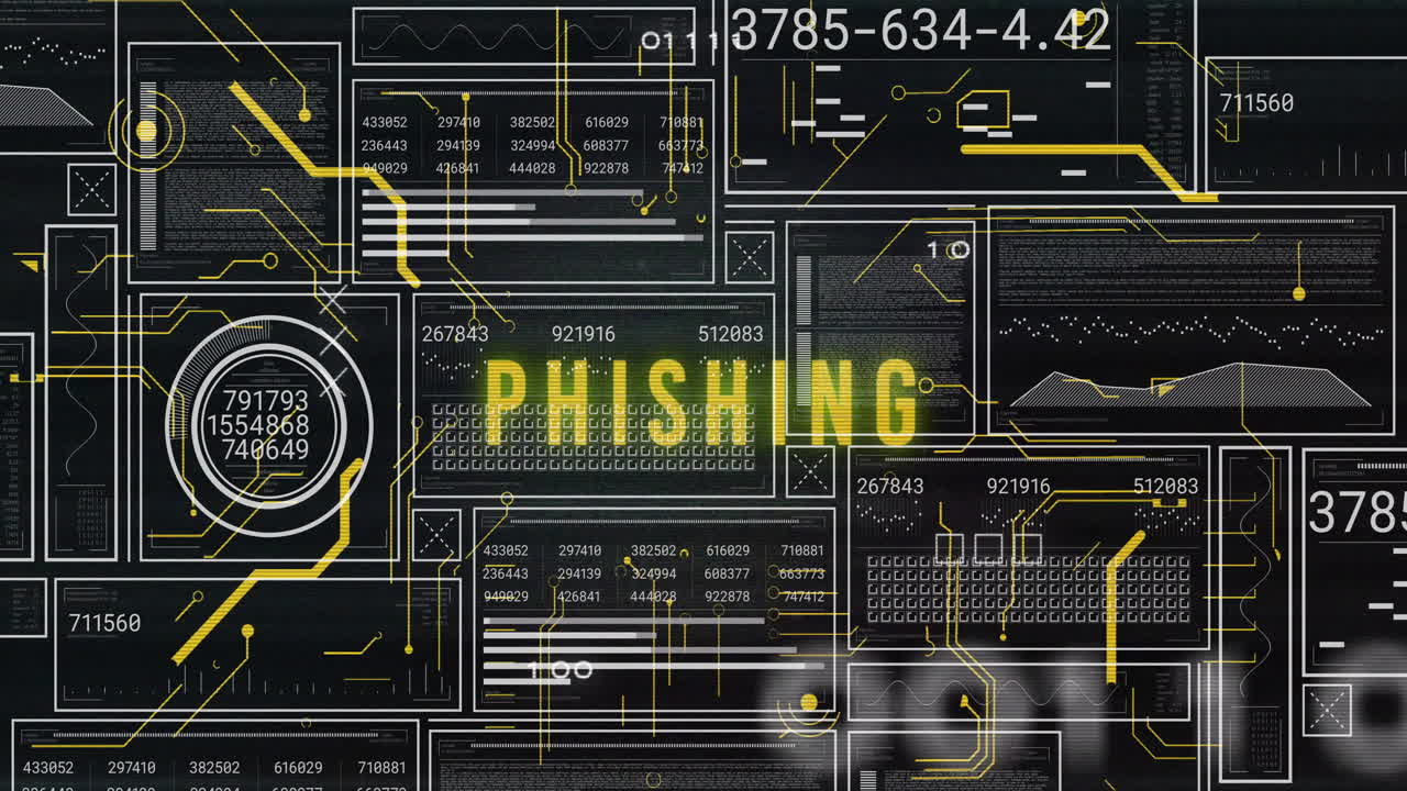 Animation of phishing text and digital data processing over black background