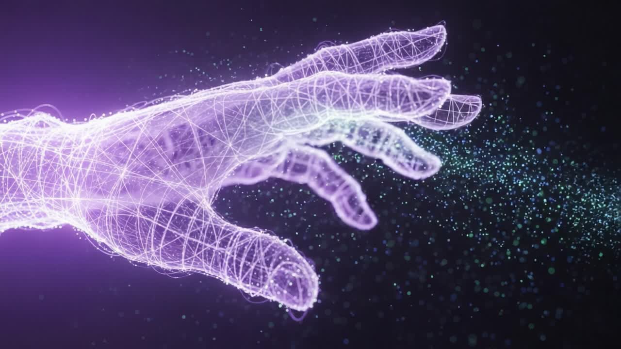 Abstract Visualization of a Futuristic Hand Projecting Energy Particles into Space, Representing Connectivity and Advanced Technology in a Digital Realm