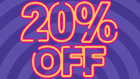 animation of 20 percent off text with percentile over circular pattern over blue background