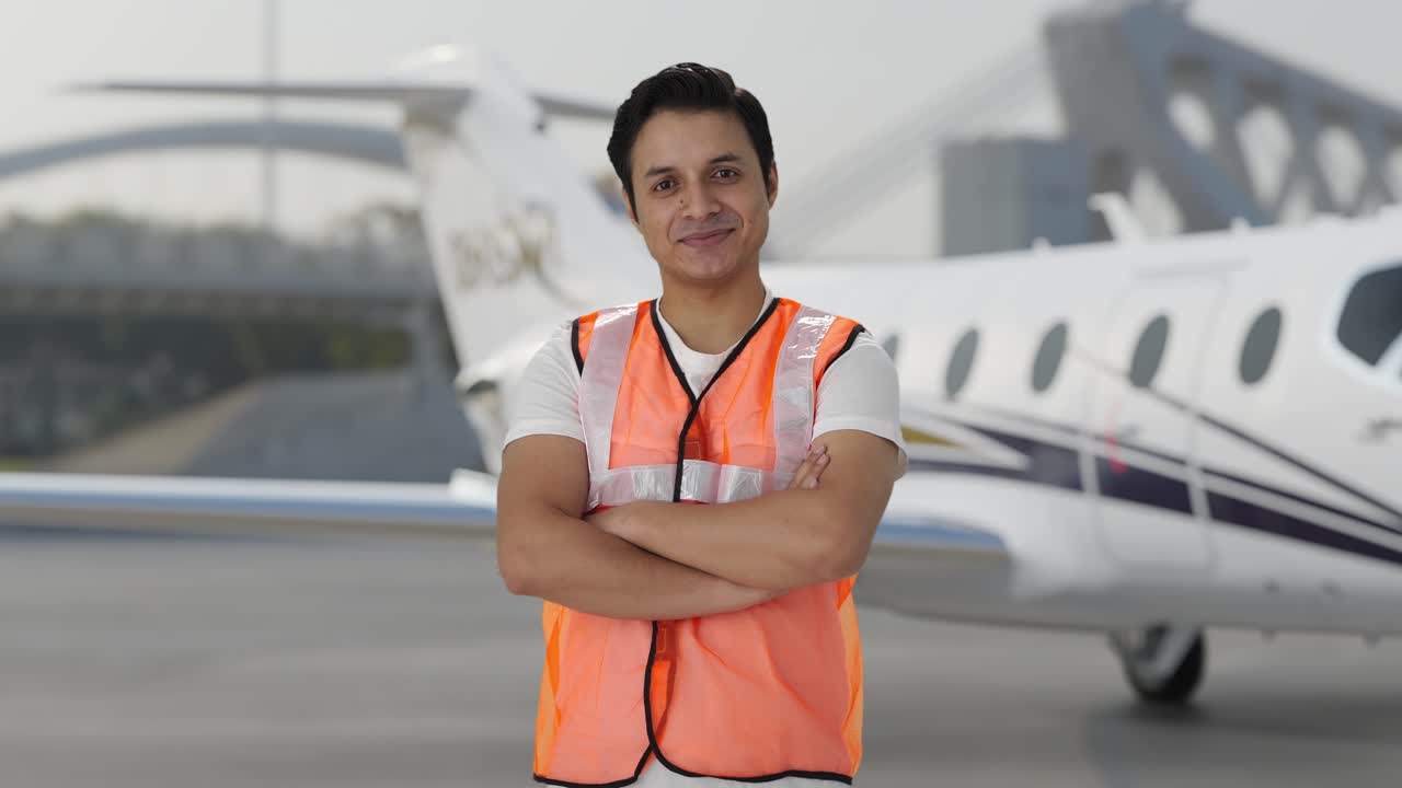 retrato de un feliz trabajador del personal de tierra del aeropuerto indio