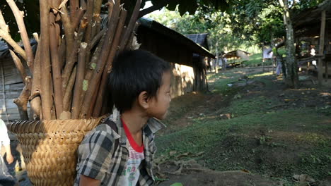 Child Carrying Wood in Rural Village
