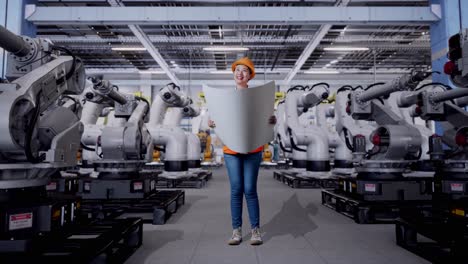 ingeniera revisando planos en una fábrica de robótica