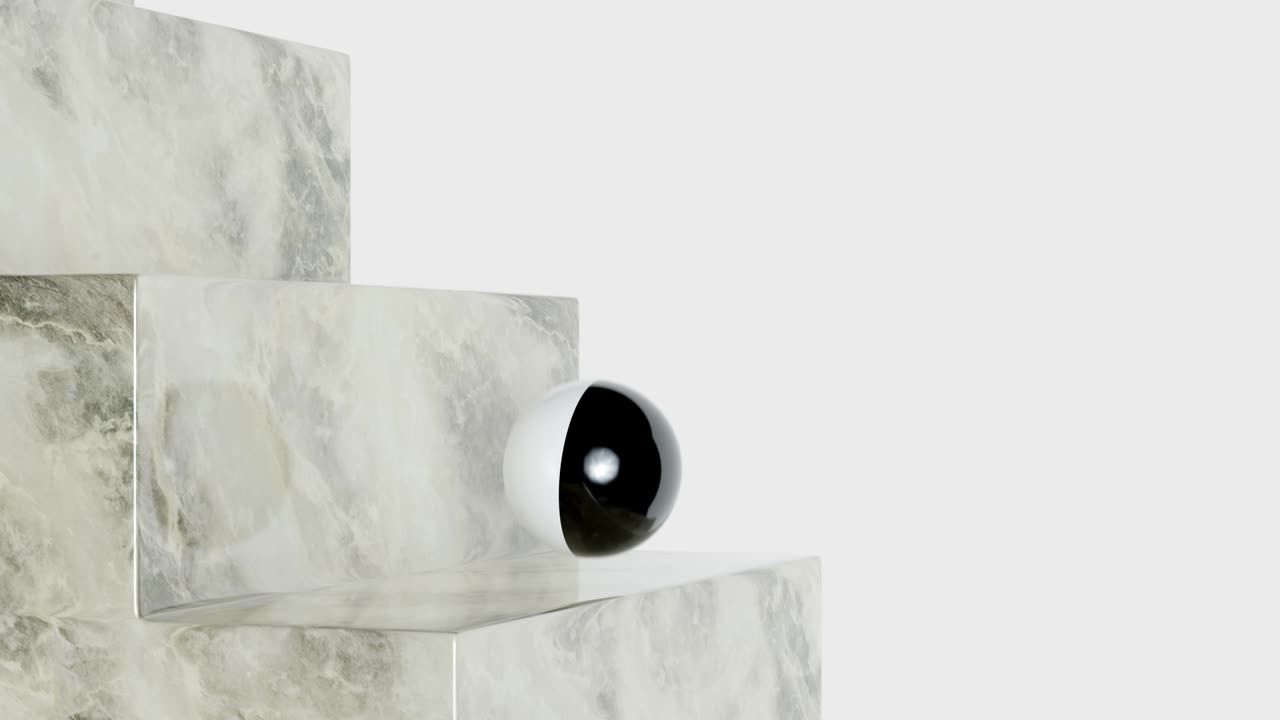 Black and white ball bouncing down a marble staircase. Looped 3d animation.