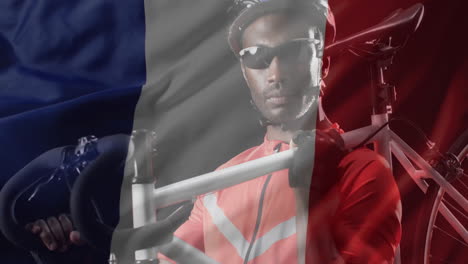 animação da bandeira da frança sobre ciclista afro-americano