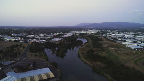 aerial perspective of mount dandenong, victoria as seen from business park during dusk lighting