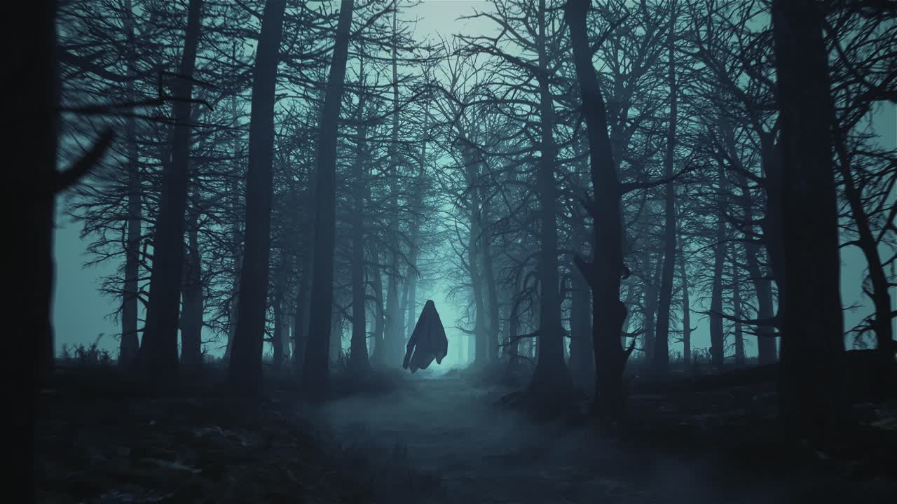 Loop dark scary forest with flying ghosts