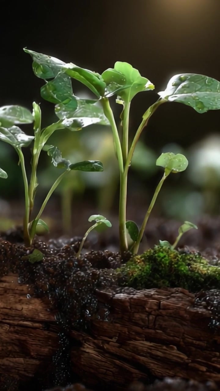 Delicate piantine verdi spuntano dal terreno umido circondate da ricco pacciame scuro e goccioline d'acqua scintillanti in un lussureggiante ambiente naturale.