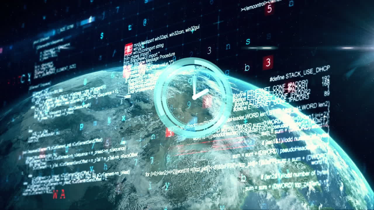 animación de un reloj en movimiento sobre el procesamiento de datos y un globo giratorio, sobre fondo negro